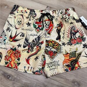 Men’s Ed Hardy Black and Cream Graphic Shorts large NWT